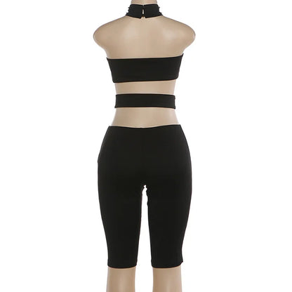 Sexy Halter Neck Cutout Bodycon Jumpsuit Women 2026 Summer Solid Studded Hollow Out Biker Short Romper Party Clubwear Outfits