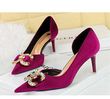 BIGTREE Party Pumps 7cm Thin High Heels Western Style Velvet Shallow Pointed Toe Side Hollow Crystal Pearl Bow Lady Shoes Pink