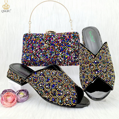 QSGFC Italian Design Fashion Crystal Sandals Nigeria Africa Popular High Heel Shoe Bag Set Casual Versatile Fish Mouth Shoes