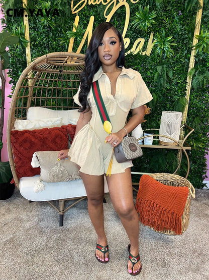 CM.YAYA Women Short Sleeve Washed V-neck Ruched High Waist Flare Short Jumpsuit Streetwear Chic One Piece Suit Romper Playsuit