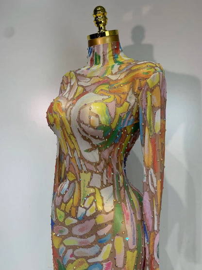 Sparkly Rhinestone Stretchy Mesh See Through Dress Women Performance Dancer Costume Rompers Party Nightclub Stage Outfit