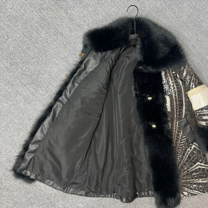 2025 Autumn Winter New Faux Fox Fur Coat Fashionable Stylish Korean Version Heavy Sequins Trendy Women's Jacket Furry Coat