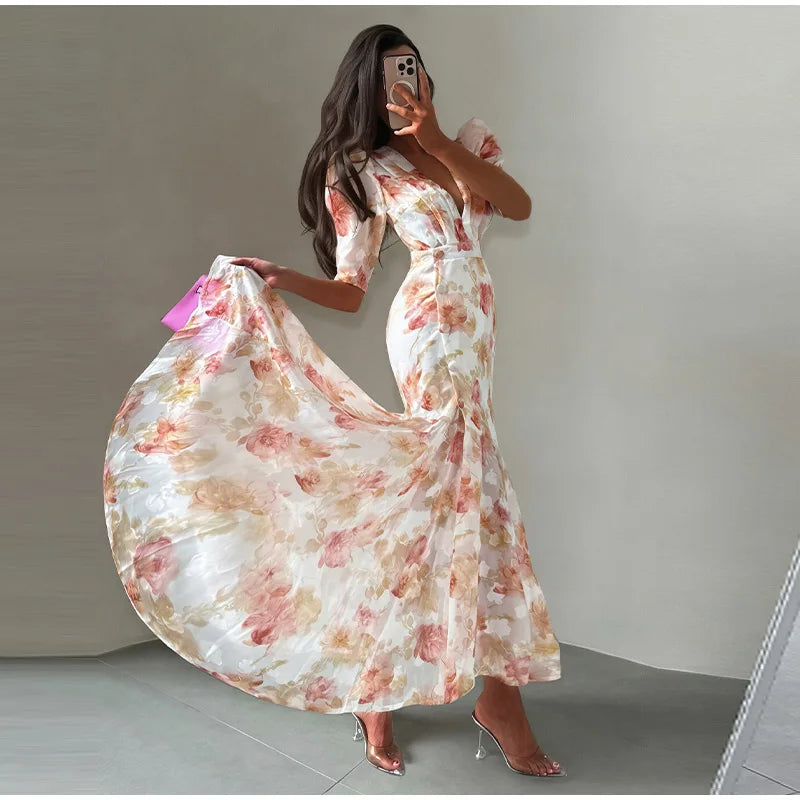 Women Printed V Neck Long Dress Flared Sleeve Lotus Leaf Edge High Waist Slim Fit Maxi Dresses Lady Elegant Evening Party Dress