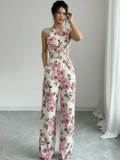 Women Halter Wrap Front Printed Wide Leg Jumpsuit For Casual Streetwear Vacation And Daily Occasion