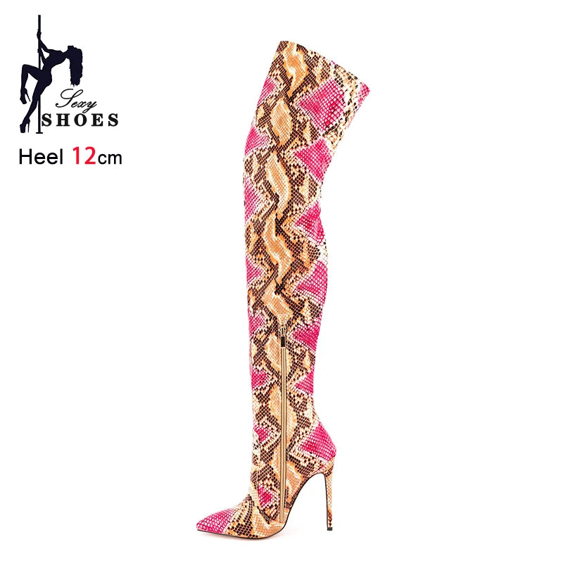 Over The Knee Snake Print Boots Women 12CM Thin High Heel Winter Shoes Plus Size 45 46 47 Stiletto Pointed Thigh Boots For Woman