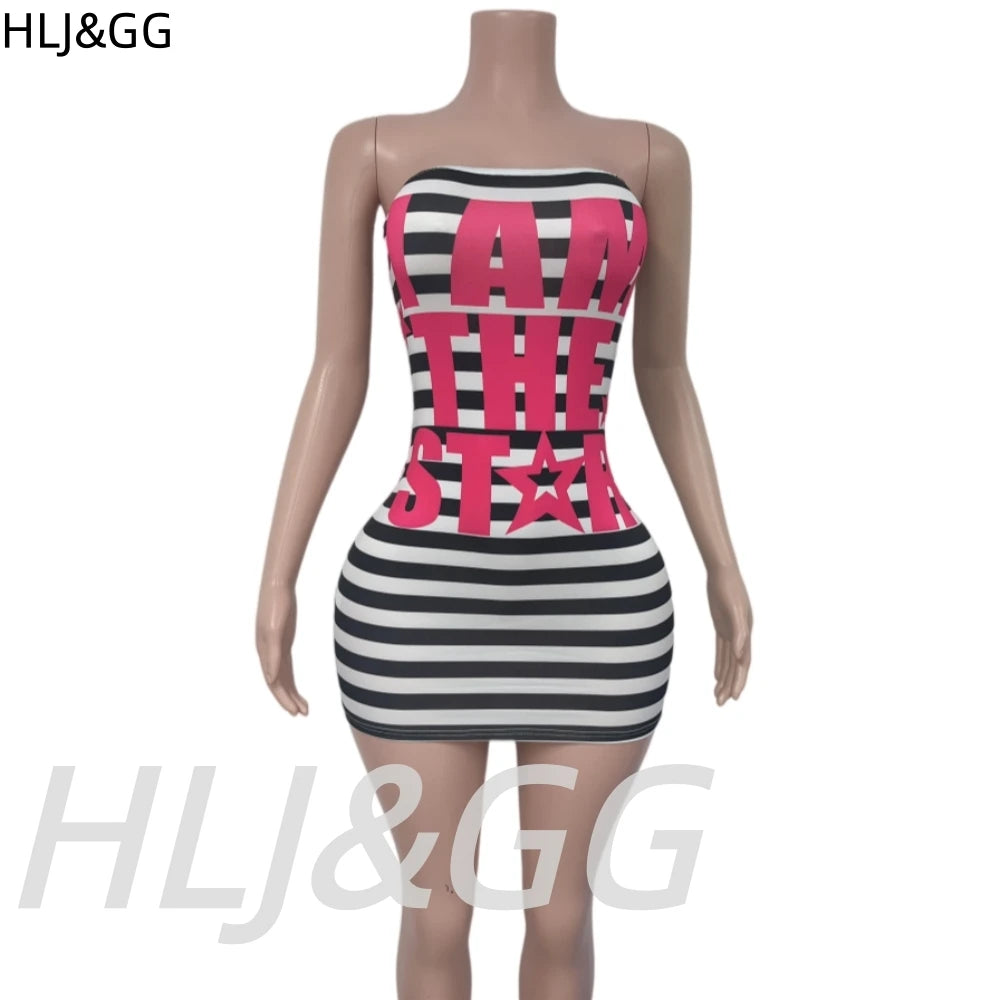 HLJ&GG Trend Sexy Stripes Letter Print Bodycon Mini Tube Dresses Women Off Shoulder Backless Slim Vestidos Fashion Streetwear