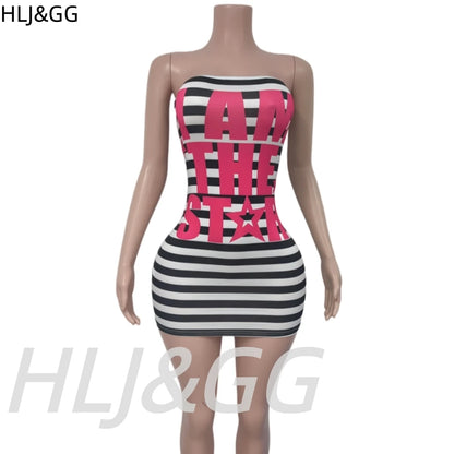 HLJ&GG Trend Sexy Stripes Letter Print Bodycon Mini Tube Dresses Women Off Shoulder Backless Slim Vestidos Fashion Streetwear