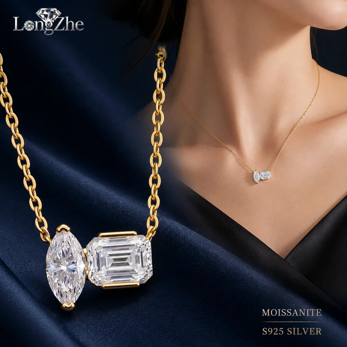 Moissanite Toi et Moi Necklace for Women S925 Sterling Silver 18K Yellow Gold Plated Marquise Emerald Cut Two Stone D Color VVS1