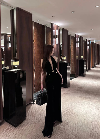 Vintage Luxury High-end Black Jumpsuits Metal Button Slim Sexy V-neck Hang Neck One-piece Pants Women Party Dresses Backless New