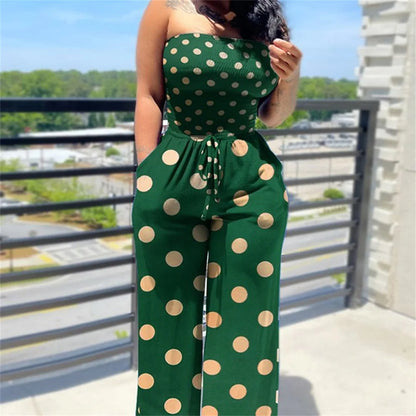 Women's Sexy Strapless One Piece Printed Pants Summer Fashion Lace Up High Waisted Slim Sleeveless Female Beach Holiday Jumpsuit