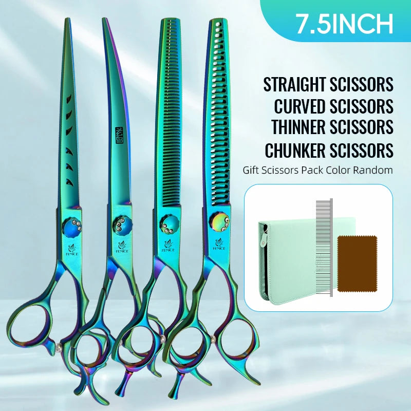 Fenice JP440C 7/7.5 Inch Professional Pet Dogs Grooming Scissors Kits Straight Curved Thinnier Chunker Shears Set For Dogs