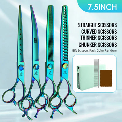 Fenice JP440C 7/7.5 Inch Professional Pet Dogs Grooming Scissors Kits Straight Curved Thinnier Chunker Shears Set For Dogs