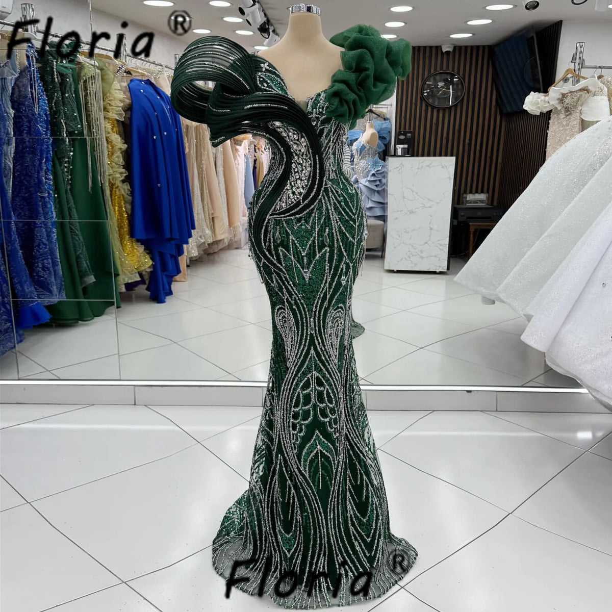 Dark Green Dubai Women Celebrity Party Dress Crystal Silver Mermaid Wedding Event Gown Guest Beads Vestidos de gala Customized