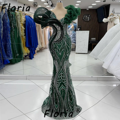 Dark Green Dubai Women Celebrity Party Dress Crystal Silver Mermaid Wedding Event Gown Guest Beads Vestidos de gala Customized