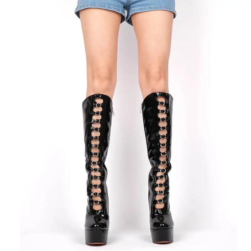 Onlymaker Women Pink Platform Multibuckle Strap Knee High Boots Big Size Comfy Female Side Zipper Mondern Boots