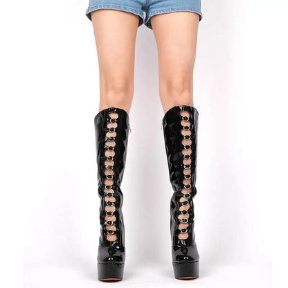 Onlymaker Women Pink Platform Multibuckle Strap Knee High Boots Big Size Comfy Female Side Zipper Mondern Boots