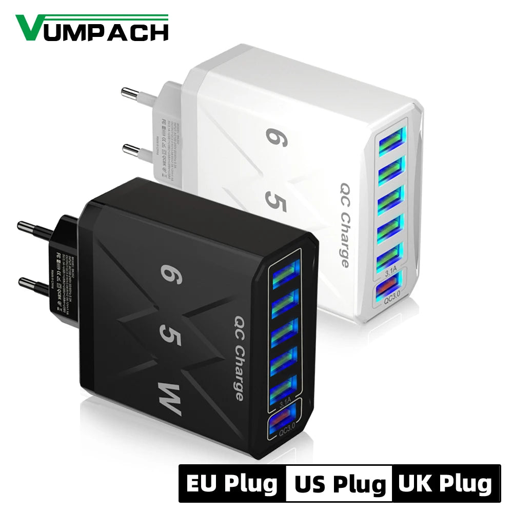 6 Ports USB Charger Fast Charging QC3.0 Travel Charger For iPhone17 16 Samsung Xiaomi Vivo Mobile Phone Adapter EU US UK Plug
