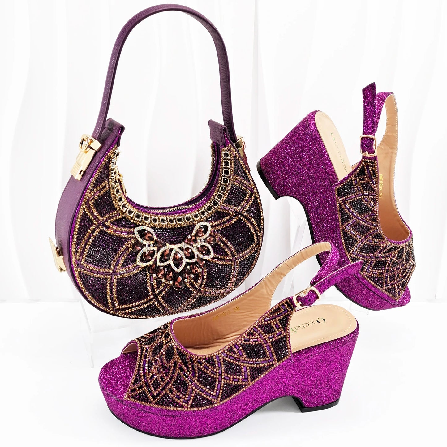 Doershow Italian Shoe and Bag Set New 2024 Women Shoes and Bag Set In Italy gold Italian Shoes with Matching Bag BNM1-6