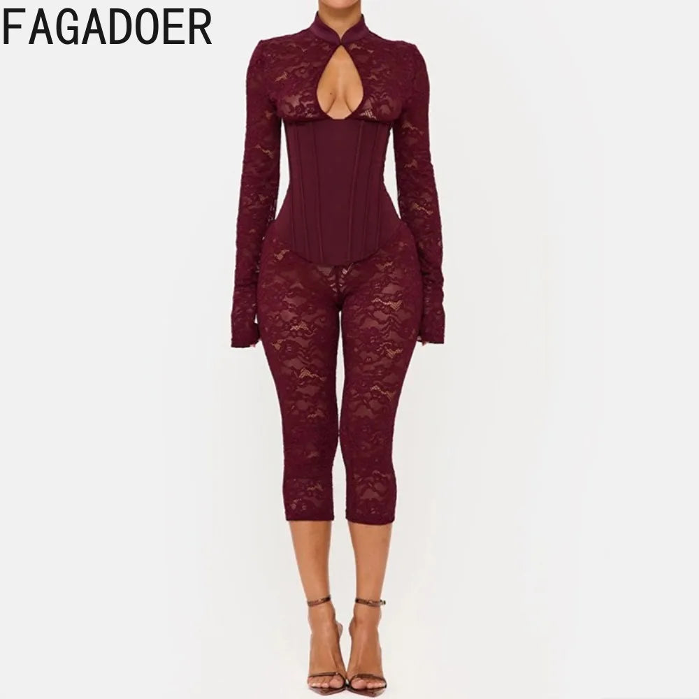 FAGADOER Sexy Lace See Through Corset Jumpsuit Women Hollowed-out Long Sleeve Bodycon Capri Pants Clubwear Night Party Outfit