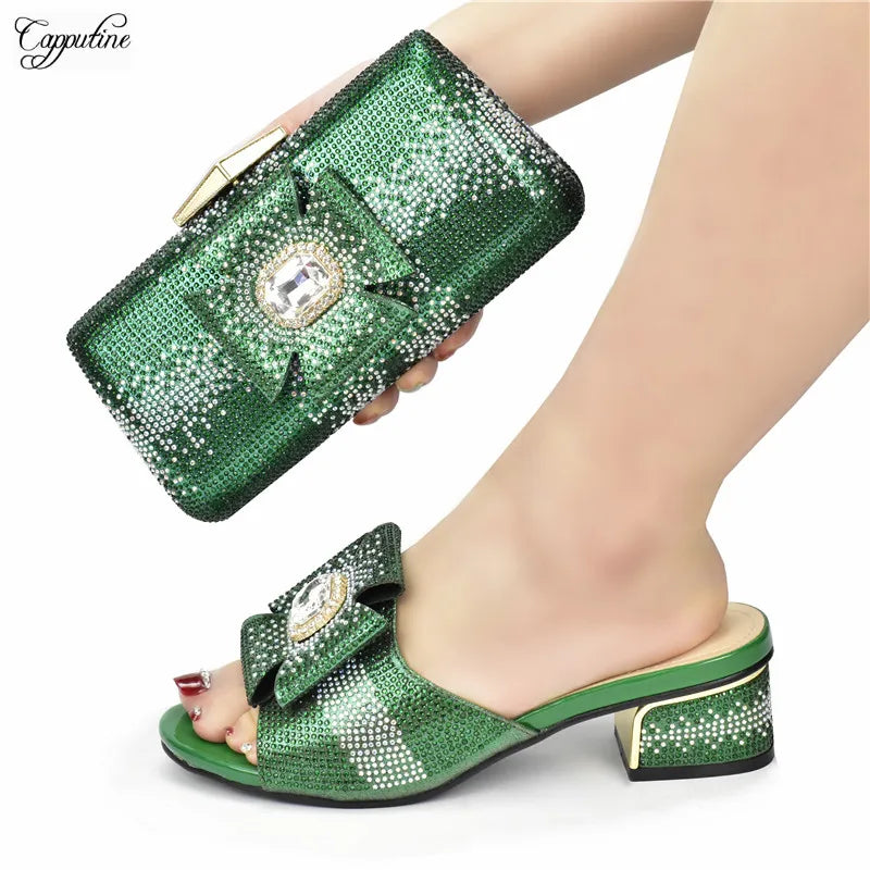 Green Women Shoes And Bag To Match Fashion African Summer Slippers With Clutch Handbag Set Pantoufle Femme Pantofole 938-43 5CM