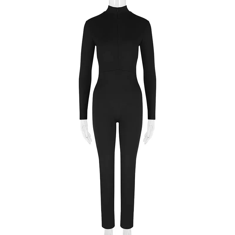 Autumn New Women's Jumpsuits Fashion Streetwear Long Sleeves Half High Collar Zippers Bodycon Rompers Black Sexy Lady Jumpsuits