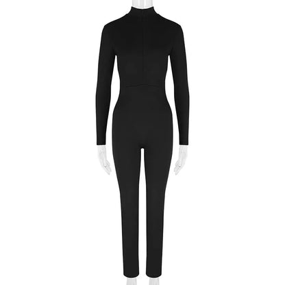 Autumn New Women's Jumpsuits Fashion Streetwear Long Sleeves Half High Collar Zippers Bodycon Rompers Black Sexy Lady Jumpsuits
