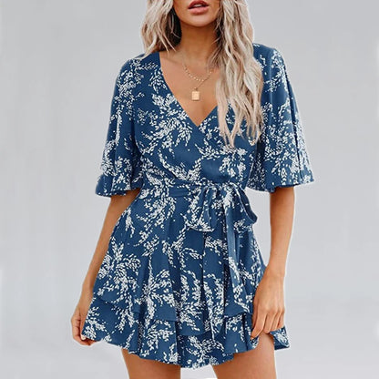 Hot-selling Women's Jumpsuits V-neck Flared Sleeves High Waist Plant Printed Pleated Lace-up Fashion High Street Playsuits