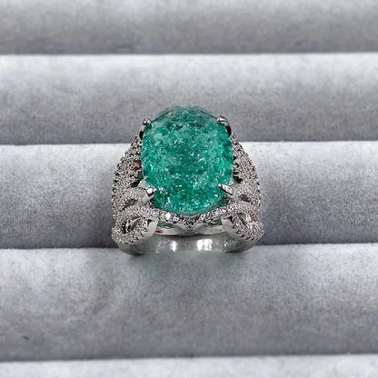 925 Silver Plated Exquisite Blue Green Moissanite Ring Fire Sparkling Luxury Open Ring Female Party Birthday Jewelry Gift