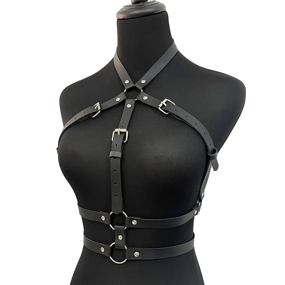 Women Fashion Belt PU Leather Body Shoulder Armor Chest Harness Sword Belt Shoulder Strap Harness Women Clothing Open Cage Bra