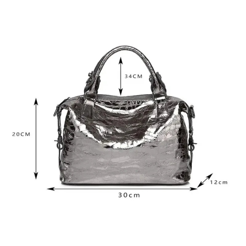Real Leather Shiny Tote Handbags For Women Fashion Genuine Cowhide Leather Metallic Lady Bags With Shiny Embossed Coating