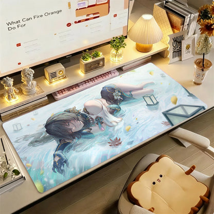 Gaming Mouse Pad,Large Extended Desk Mat,Anti-slip Rubber Base,Stitched Edges,Chinese Blue Outfit Twin Plum Anime Girls