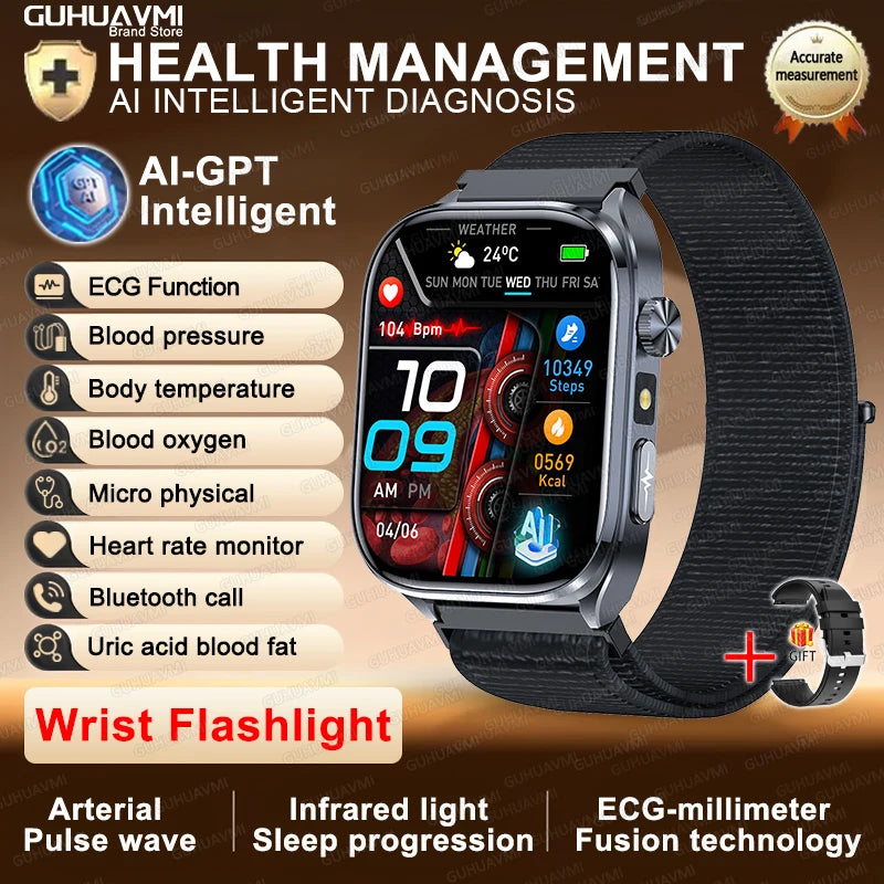 2026New ECG+PPG Clock Health Trackr 2.0 inch Uric Acid Blood lipids Pressure Smart Watch Body Analysis Voice call Smartwatch Men