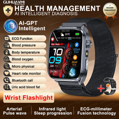 2026New ECG+PPG Clock Health Trackr 2.0 inch Uric Acid Blood lipids Pressure Smart Watch Body Analysis Voice call Smartwatch Men