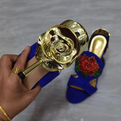 Luxury Flower Sandals Woman Open Toe Gold Strange High Heel Shoes Lady Sexy Mules Slippers