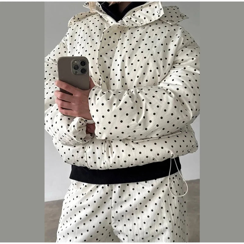 Polka Dots Hooded Cotton Coats Trousers Set 2026 Winter Loose Zippers Drawstring Jacket Elastic Waist Pants Women's Warm Outfits