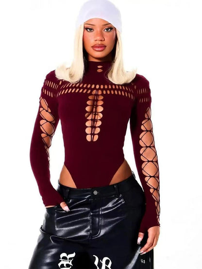 FHSEER SummerWomen's Y2K Sexy Bodysuit High Neck Bodycon Front Cutout & Lace-up Mesh Sleeve Stretchy Edggy Clubwear Streetwear