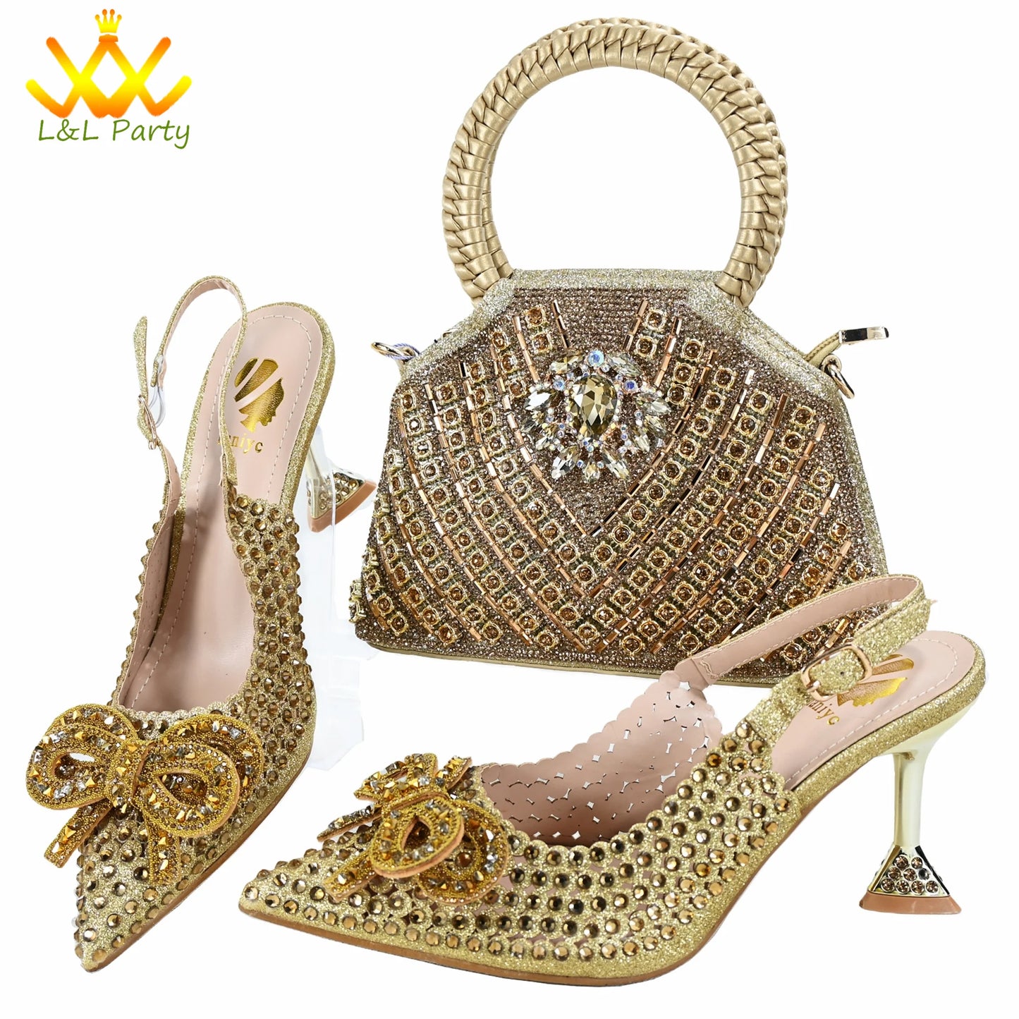Orange Color New Arrivals Italian Design Nigerian Women Shoes and Bag Set Pointed Toe Slipper with Shinning Crystal for Party