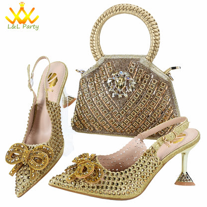 Orange Color New Arrivals Italian Design Nigerian Women Shoes and Bag Set Pointed Toe Slipper with Shinning Crystal for Party