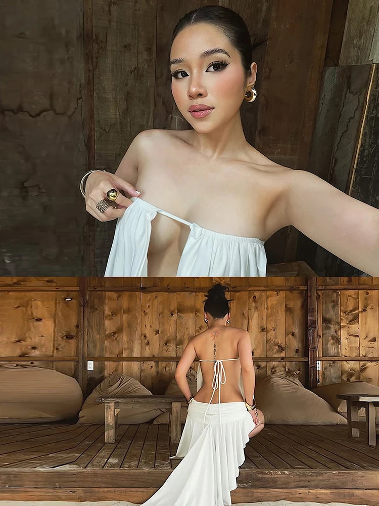 Nibber Swing Collar Dress Women Elegant Sexy Backless Hollow Bandage Irregular Hem Classic Fashion Hottie Prom Party Clubwear