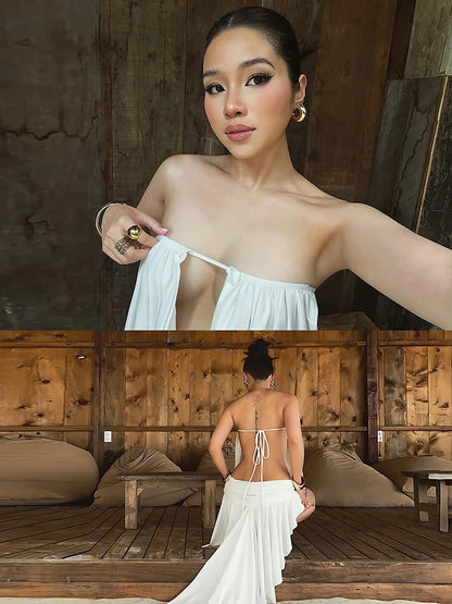 Nibber Swing Collar Dress Women Elegant Sexy Backless Hollow Bandage Irregular Hem Classic Fashion Hottie Prom Party Clubwear