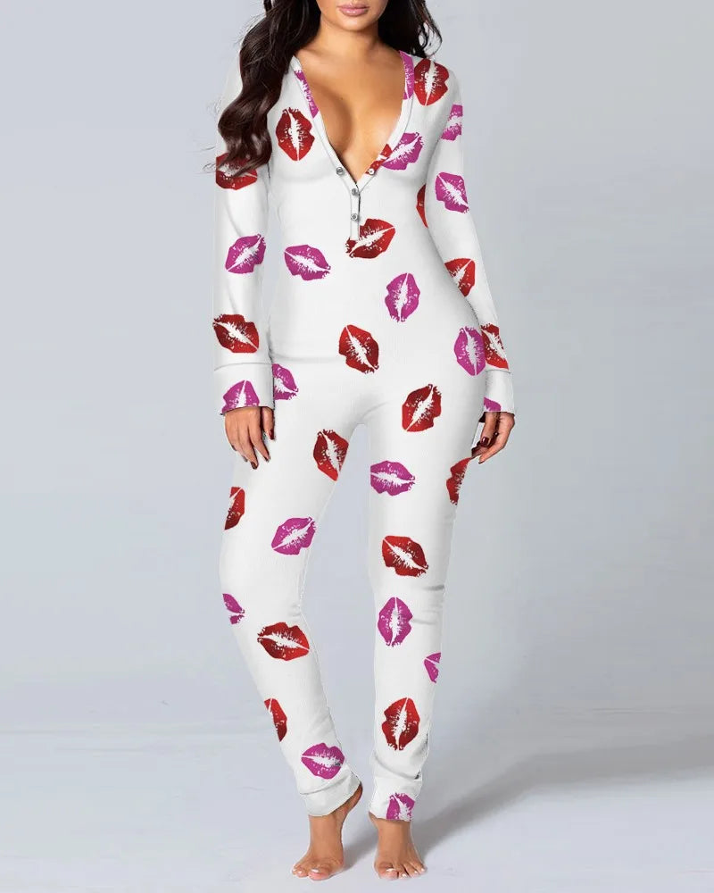 Sexy Pyjama Women's Long Sleeves Homewear Suit Button-Down Front Back Butt Bum Open Ass Flap Jumpsuit Loungewear Christmas Print