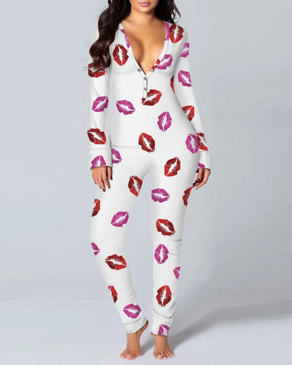 Sexy Pyjama Women's Long Sleeves Homewear Suit Button-Down Front Back Butt Bum Open Ass Flap Jumpsuit Loungewear Christmas Print