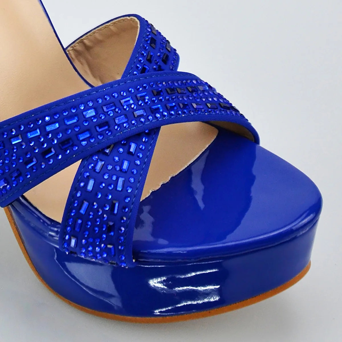 Blue Rhinestone Sandals With Platform Summer Party Dress Luxury Shoes For Woman 12CM Thick High Heels Cross Band Elegant Sandals