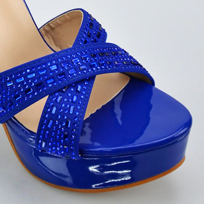 Blue Rhinestone Sandals With Platform Summer Party Dress Luxury Shoes For Woman 12CM Thick High Heels Cross Band Elegant Sandals