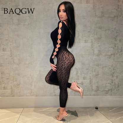 Sexy Deep V Neck Cut Out Mesh Hollow Out Slim Jumpsuit Women Print Long Sleeve Button See Through Pencil Pants One Piece Rompers