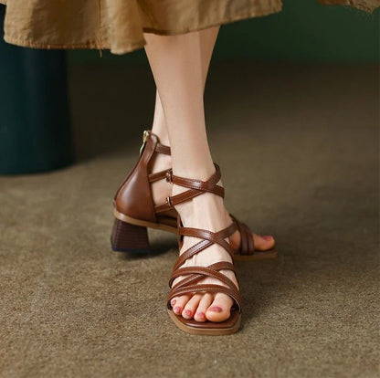 Sandals for Women Sexy Chunky Block Heel Stripper Leather Thick Woman Shoes Strappy Luxury Summer Footwear Chic and Elegant H F