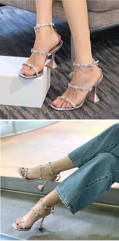Luxury Crystal Flowers Women Sandals Fashion Ankle Strap Buckle High Heels Gladiator Sandals Elegant Summer Wedding Prom Shoes