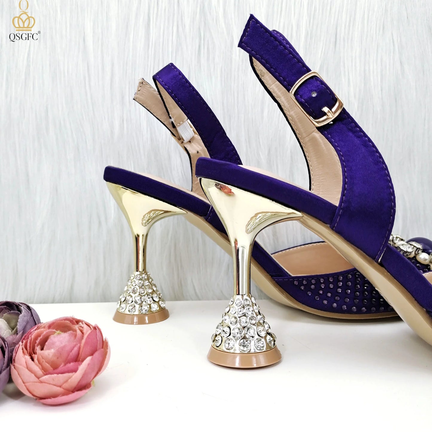 QSGFC 2023 New Fashion Purple Sandals Sequins Rhinestone Point Toe High Heels Slingback Women's Dress Women's Shoes & Bag Set