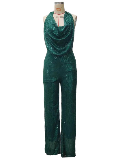 Sequins Sexy Jumpsuits Women Halter Fashion Summer Party Elegant Sleeveless Female New High Waist Street Straight Rompers