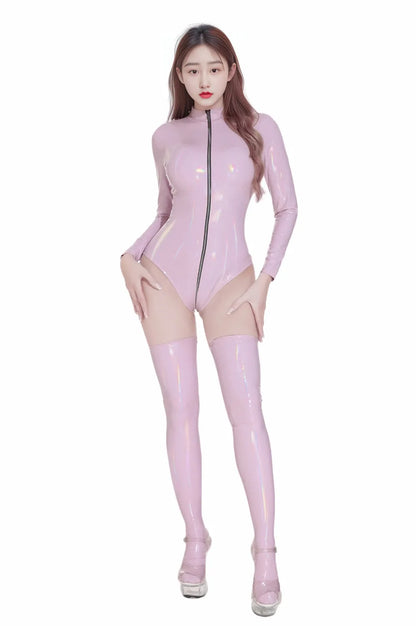 Sexy Women PVC Glossy Shiny High Cut Bodysuit Bandage Leotard Dance Wear Long Sleeve PU Latex Cosplay Maid Tight Catsuit